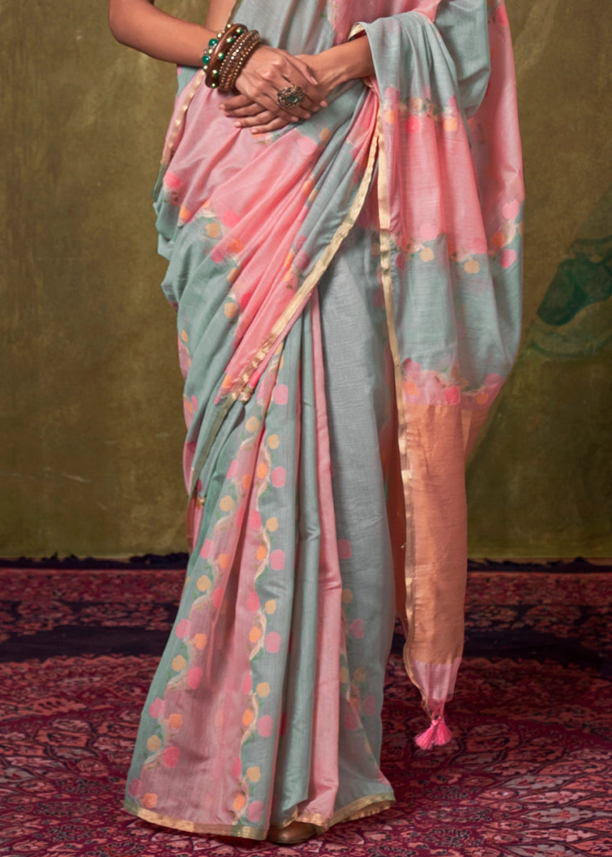 Grey & Pink Rangkaat Handloom Woven Cotton Silk Saree - House of Sarvati LLC