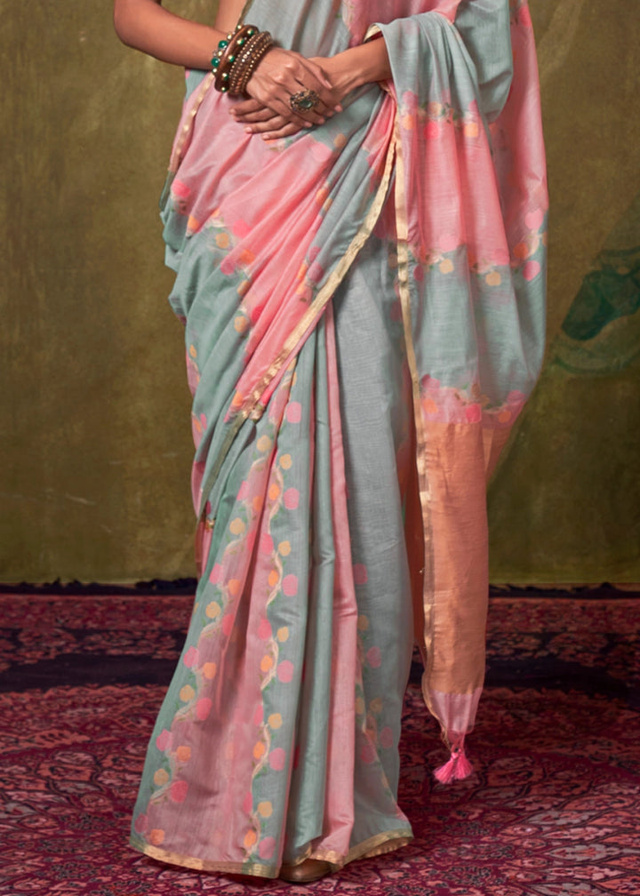 Grey & Pink Rangkaat Handloom Woven Cotton Silk Saree - House of Sarvati LLC
