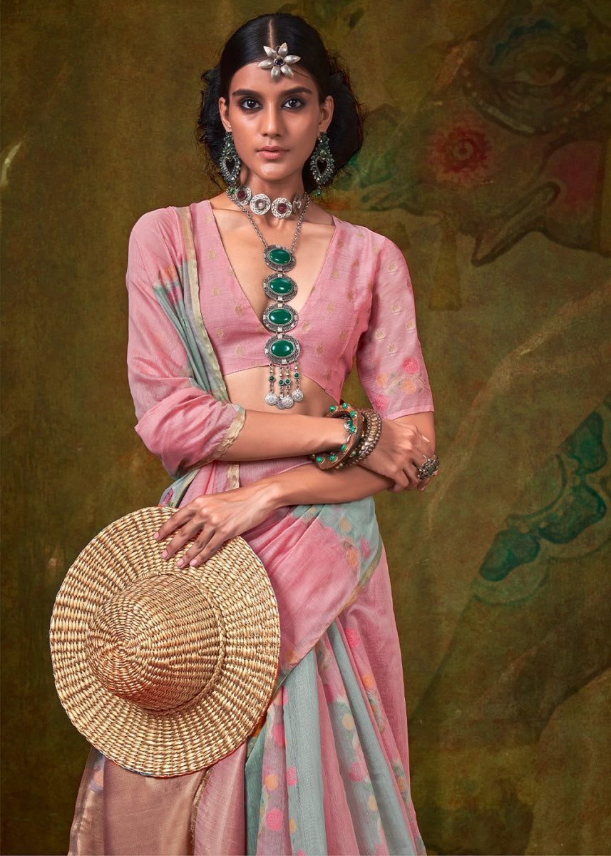 Grey & Pink Rangkaat Handloom Woven Cotton Silk Saree - House of Sarvati LLC