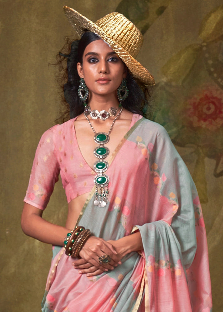 Grey & Pink Rangkaat Handloom Woven Cotton Silk Saree - House of Sarvati LLC