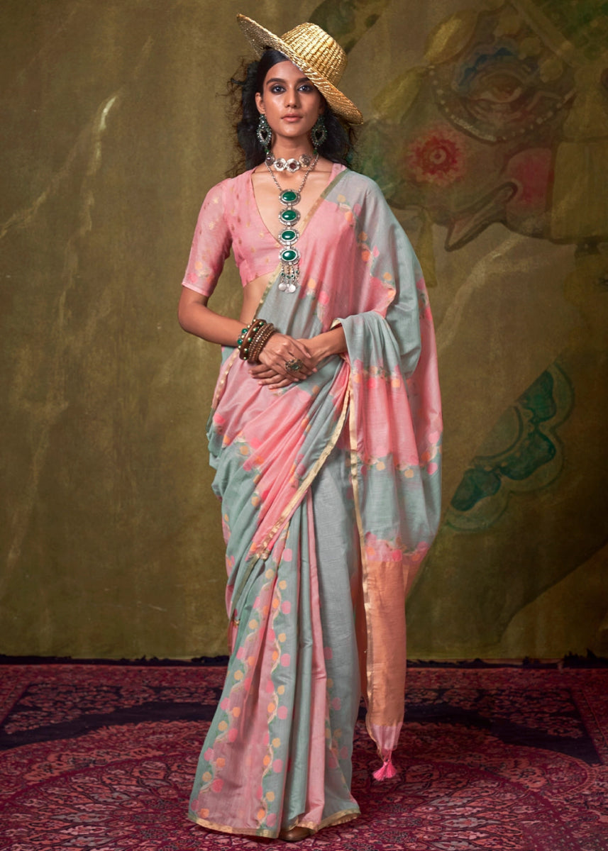 Grey & Pink Rangkaat Handloom Woven Cotton Silk Saree - House of Sarvati LLC