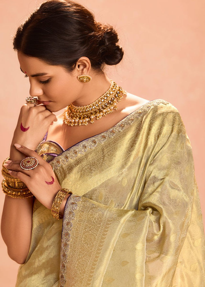 Greyish Brown Designer Tissue Silk Saree with Zari & Embroidered Blouse - House of Sarvati LLC
