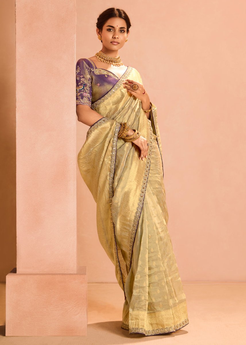 Greyish Brown Designer Tissue Silk Saree with Zari & Embroidered Blouse - House of Sarvati LLC