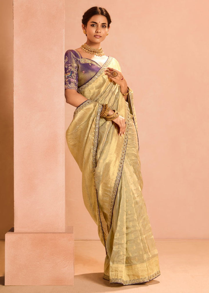 Greyish Brown Designer Tissue Silk Saree with Zari & Embroidered Blouse - House of Sarvati LLC