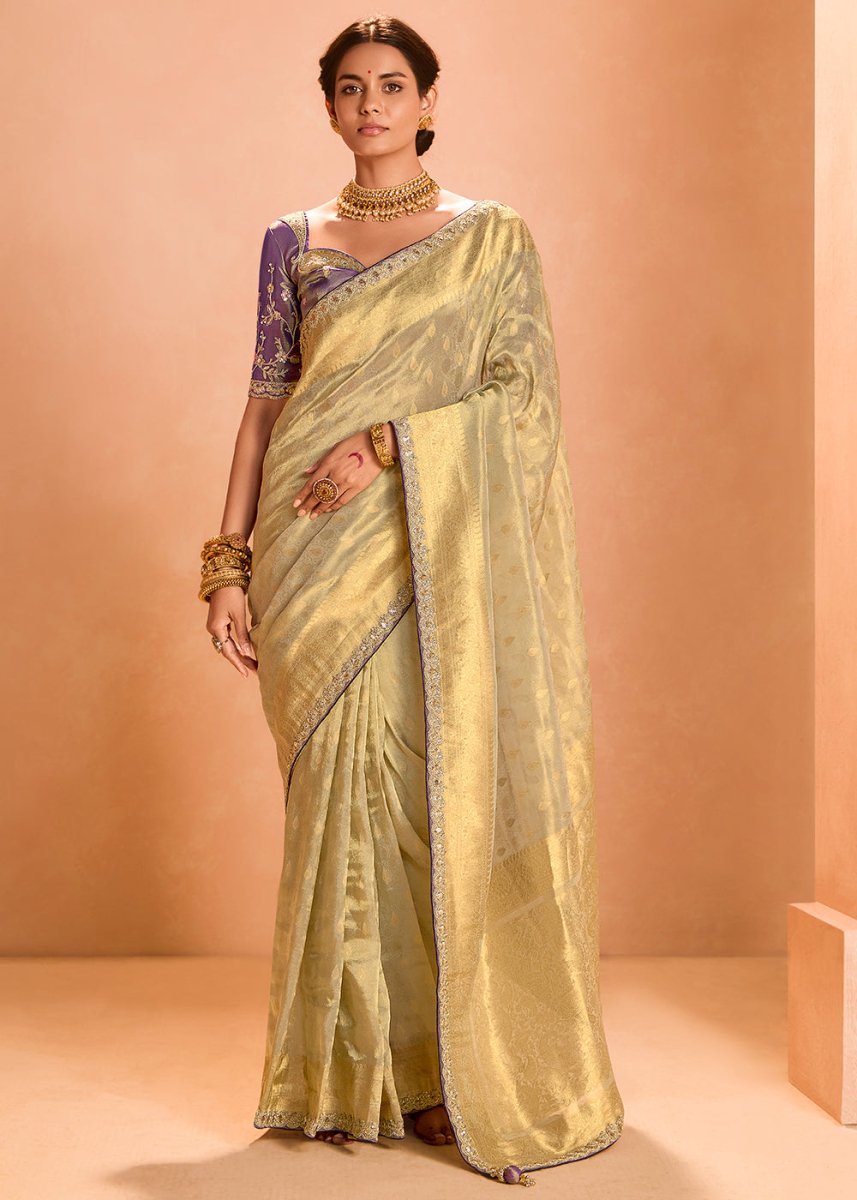 Greyish Brown Designer Tissue Silk Saree with Zari & Embroidered Blouse - House of Sarvati LLC
