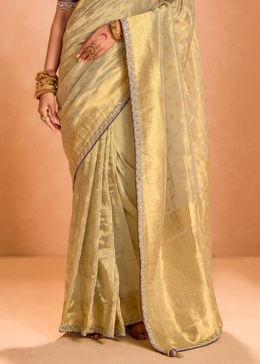 Greyish Brown Designer Tissue Silk Saree with Zari & Embroidered Blouse - House of Sarvati LLC