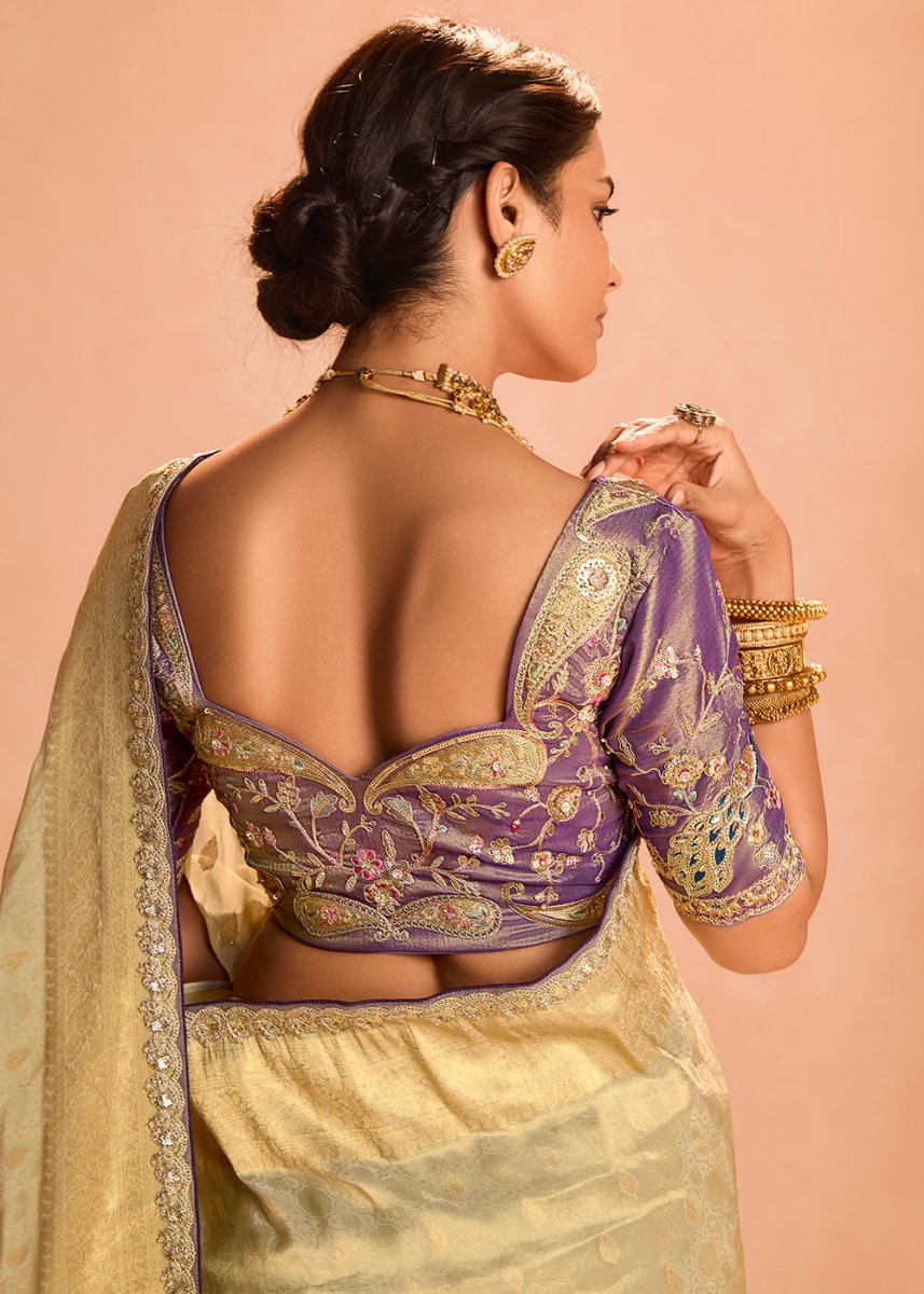Greyish Brown Designer Tissue Silk Saree with Zari & Embroidered Blouse - House of Sarvati LLC