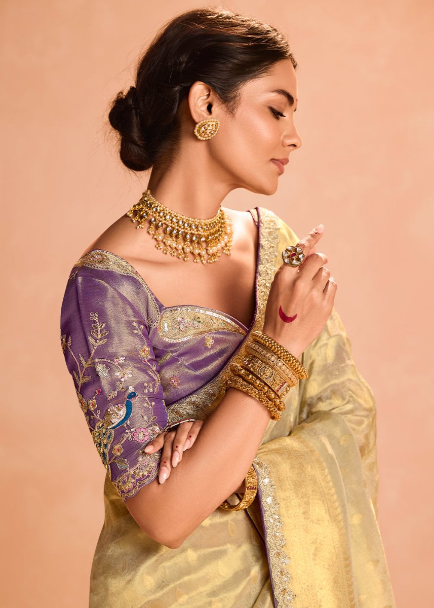 Greyish Brown Designer Tissue Silk Saree with Zari & Embroidered Blouse - House of Sarvati LLC