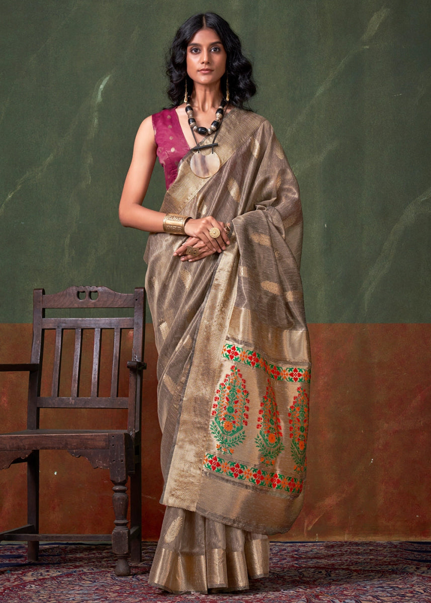 Greyish Brown Paithani Saree in Tissue Silk with Zari Work - House of Sarvati LLC