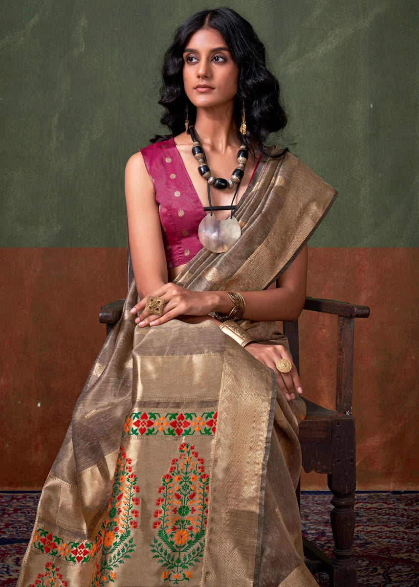 Greyish Brown Paithani Saree in Tissue Silk with Zari Work - House of Sarvati LLC