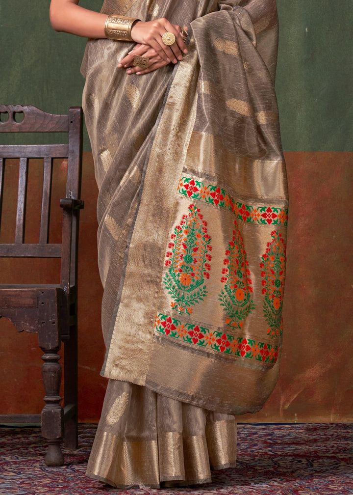 Greyish Brown Paithani Saree in Tissue Silk with Zari Work - House of Sarvati LLC
