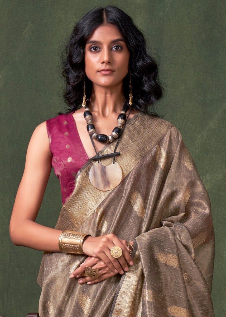 Greyish Brown Paithani Saree in Tissue Silk with Zari Work - House of Sarvati LLC