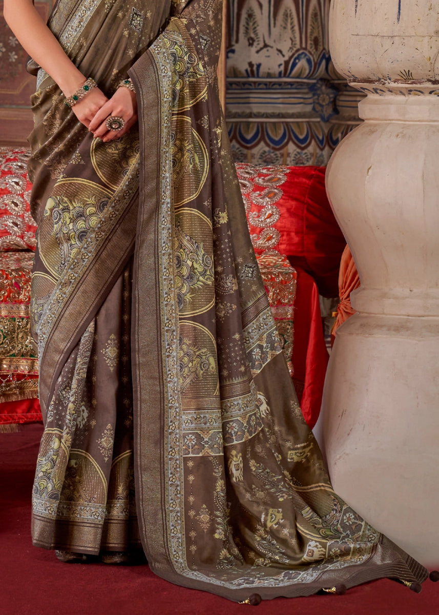 Greyish Brown Silk Saree with Printed Patterns - House of Sarvati LLC
