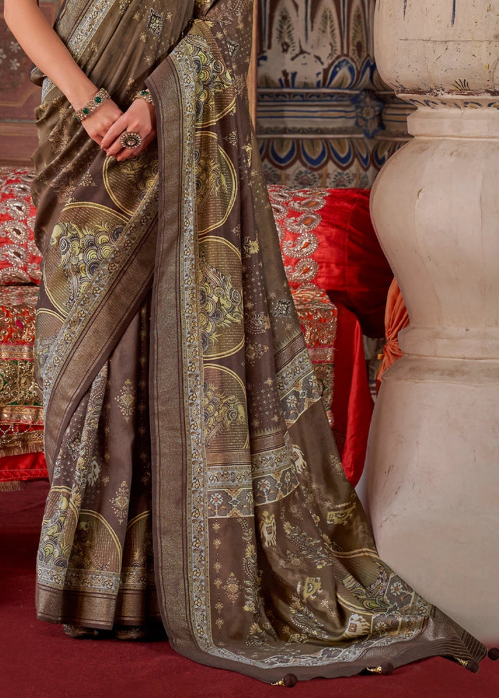 Greyish Brown Silk Saree with Printed Patterns - House of Sarvati LLC