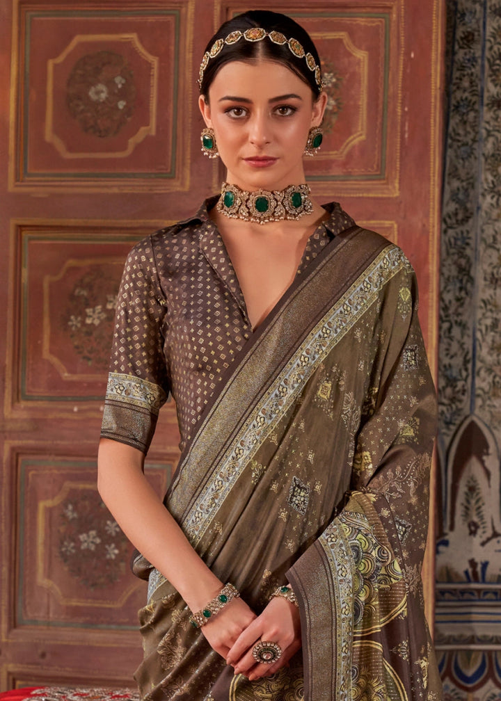 Greyish Brown Silk Saree with Printed Patterns - House of Sarvati LLC