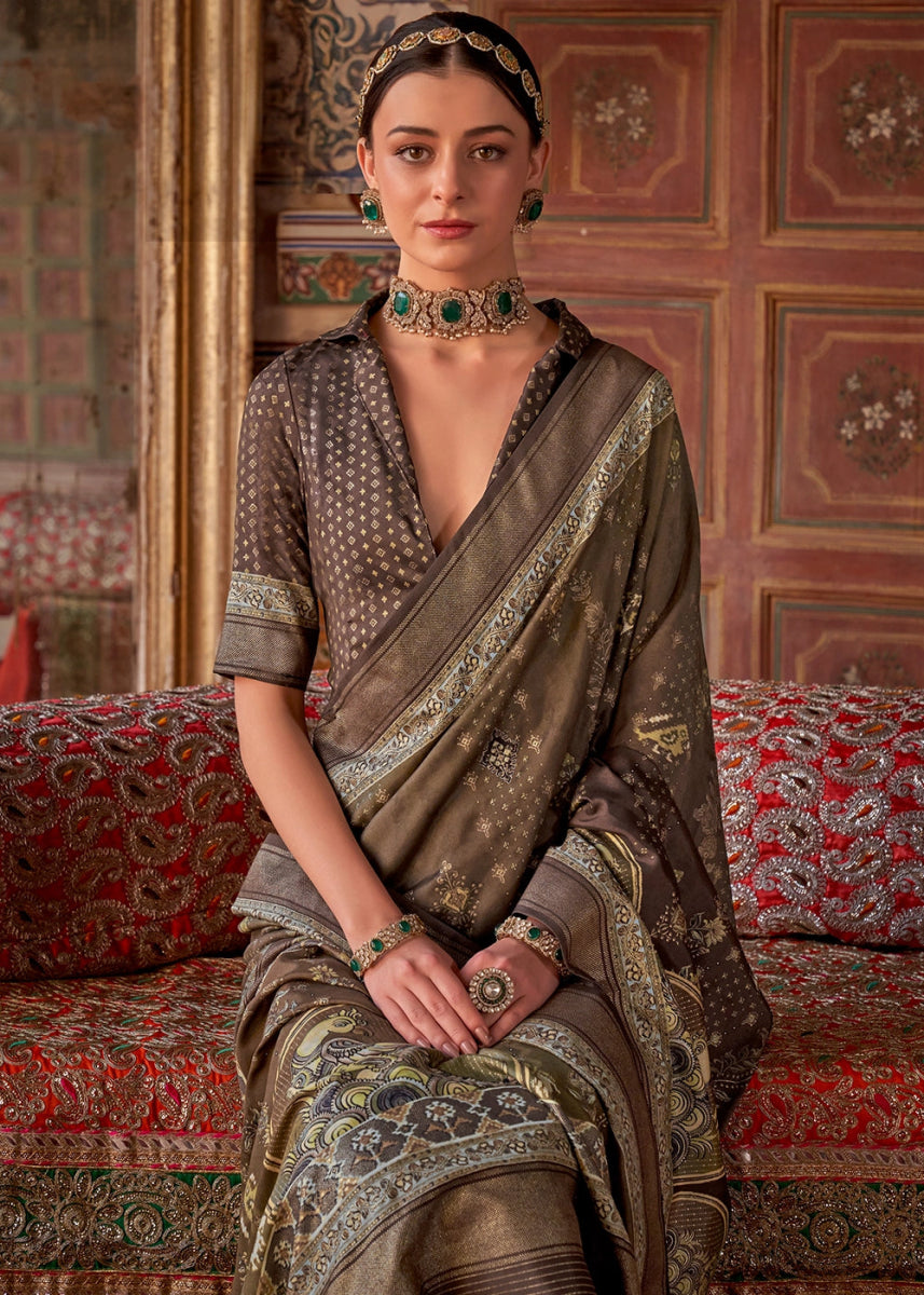 Greyish Brown Silk Saree with Printed Patterns - House of Sarvati LLC