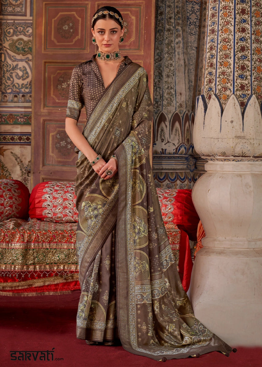 Greyish Brown Silk Saree with Printed Patterns - House of Sarvati LLC