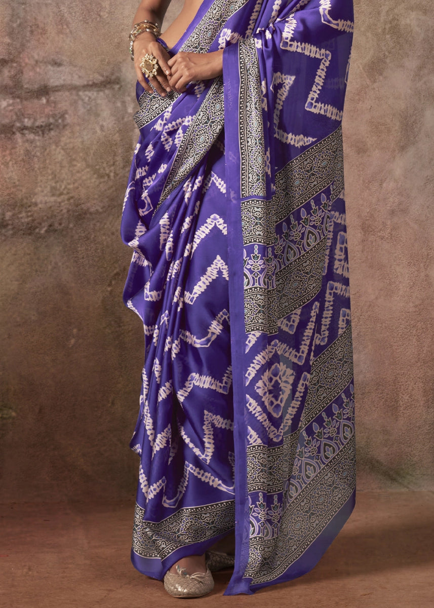 Han Purple Printed Satin Georgette Saree with Ajrakh & Bandhani Patterns - House of Sarvati LLC
