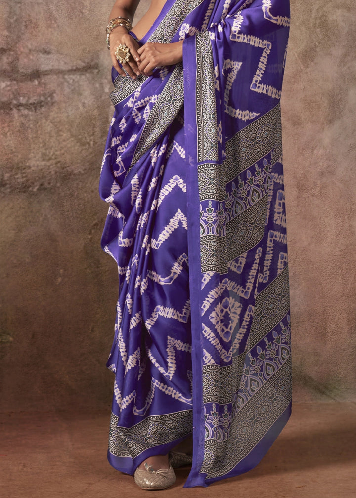 Han Purple Printed Satin Georgette Saree with Ajrakh & Bandhani Patterns - House of Sarvati LLC