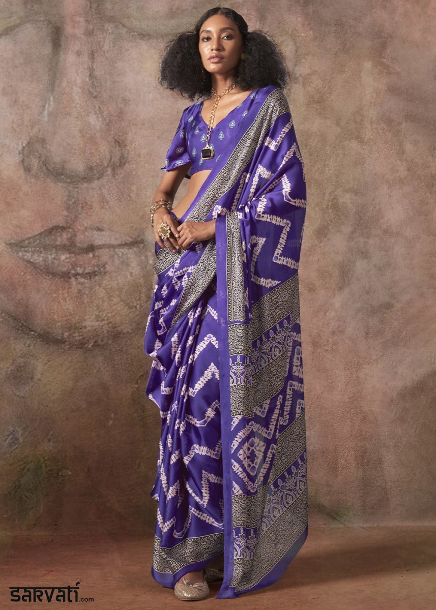 Han Purple Printed Satin Georgette Saree with Ajrakh & Bandhani Patterns - House of Sarvati LLC