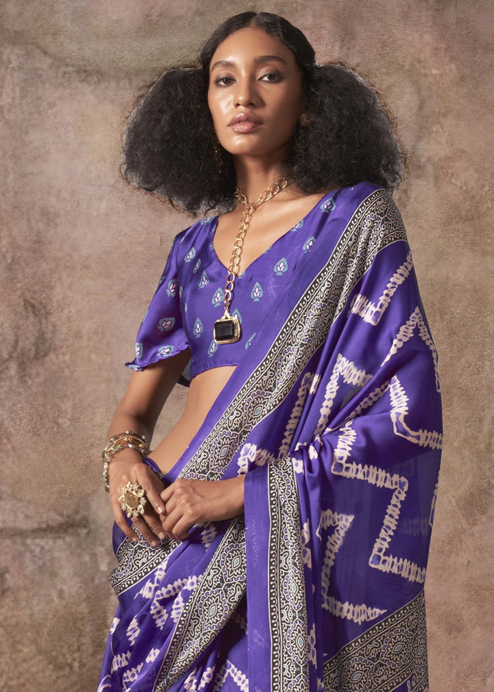 Han Purple Printed Satin Georgette Saree with Ajrakh & Bandhani Patterns - House of Sarvati LLC
