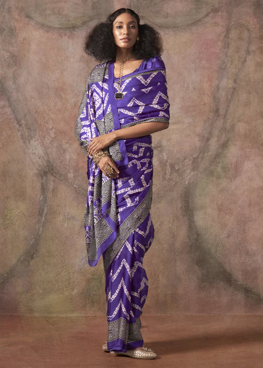 Han Purple Printed Satin Georgette Saree with Ajrakh & Bandhani Patterns - House of Sarvati LLC