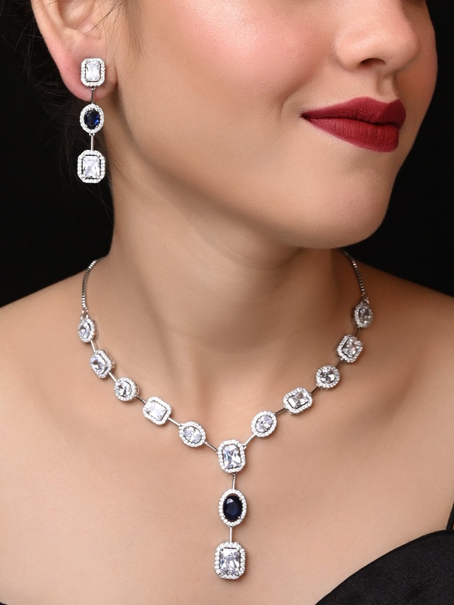 Hirsa Blue Sapphire American Diamond Necklace Set - House of Sarvati LLC