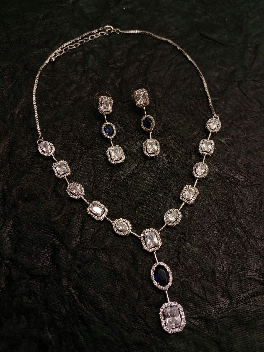 Hirsa Blue Sapphire American Diamond Necklace Set - House of Sarvati LLC