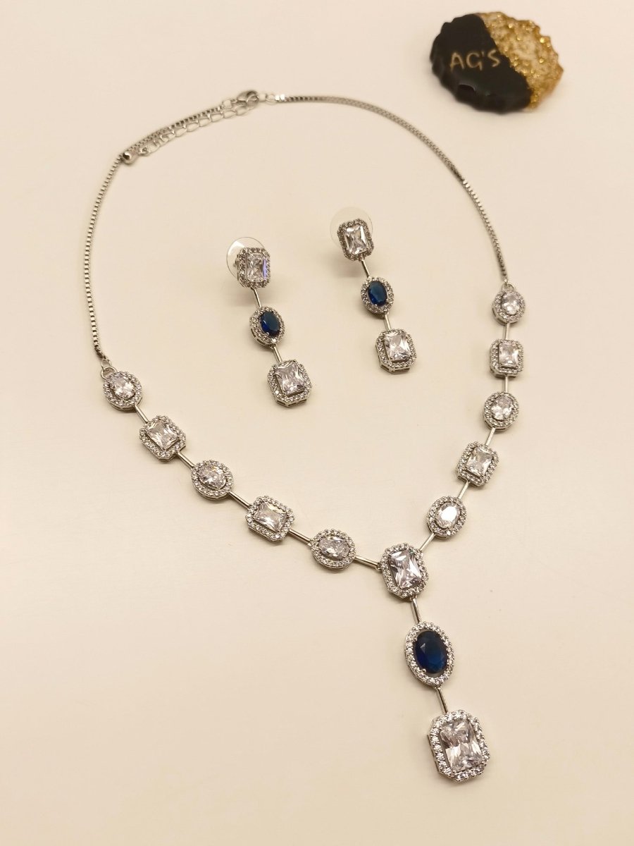 Hirsa Blue Sapphire American Diamond Necklace Set - House of Sarvati LLC