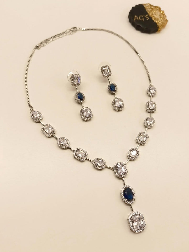 Hirsa Blue Sapphire American Diamond Necklace Set - House of Sarvati LLC