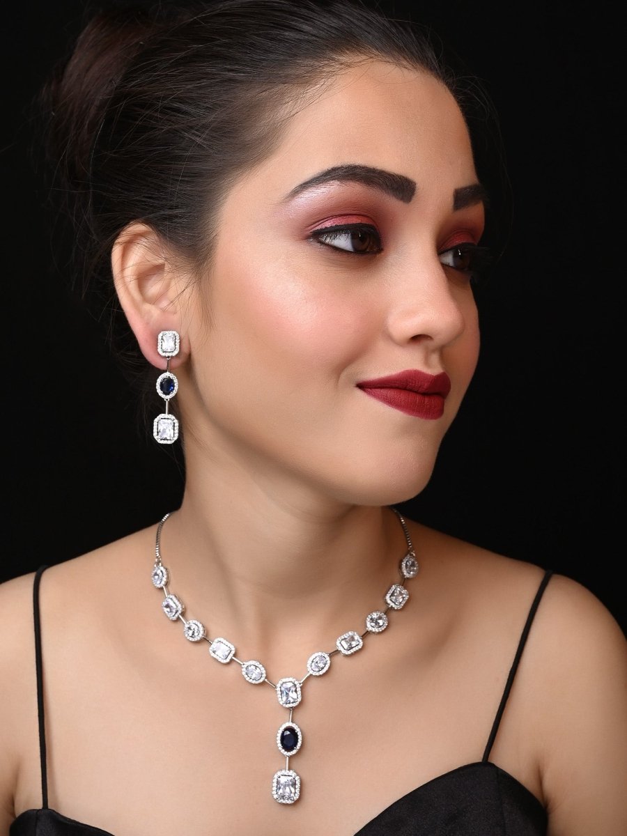 Hirsa Blue Sapphire American Diamond Necklace Set - House of Sarvati LLC
