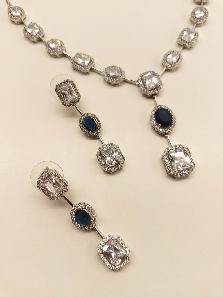 Hirsa Blue Sapphire American Diamond Necklace Set - House of Sarvati LLC