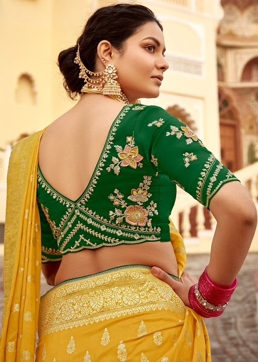 Honey Yellow Dola Silk Saree with Intricate Weaving & Embroidered Blouse - House of Sarvati LLC