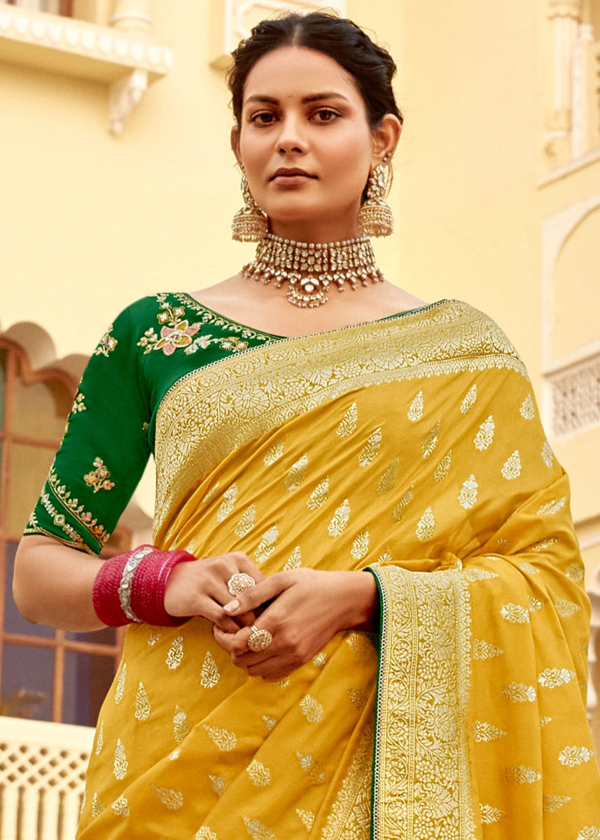 Honey Yellow Dola Silk Saree with Intricate Weaving & Embroidered Blouse - House of Sarvati LLC