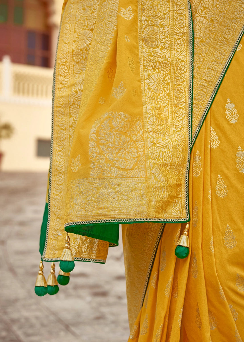 Honey Yellow Dola Silk Saree with Intricate Weaving & Embroidered Blouse - House of Sarvati LLC
