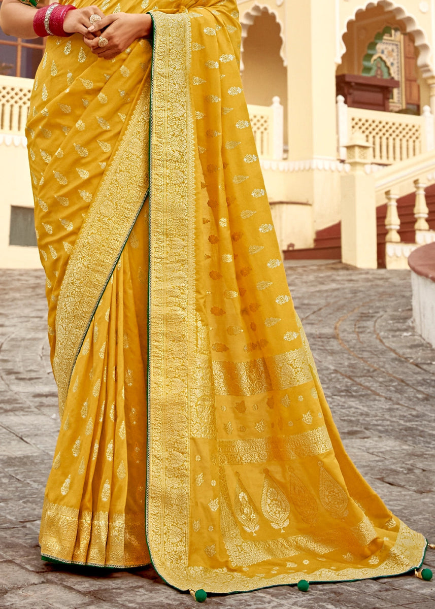 Honey Yellow Dola Silk Saree with Intricate Weaving & Embroidered Blouse - House of Sarvati LLC