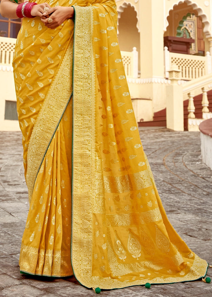 Honey Yellow Dola Silk Saree with Intricate Weaving & Embroidered Blouse - House of Sarvati LLC