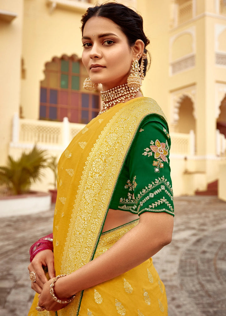 Honey Yellow Dola Silk Saree with Intricate Weaving & Embroidered Blouse - House of Sarvati LLC