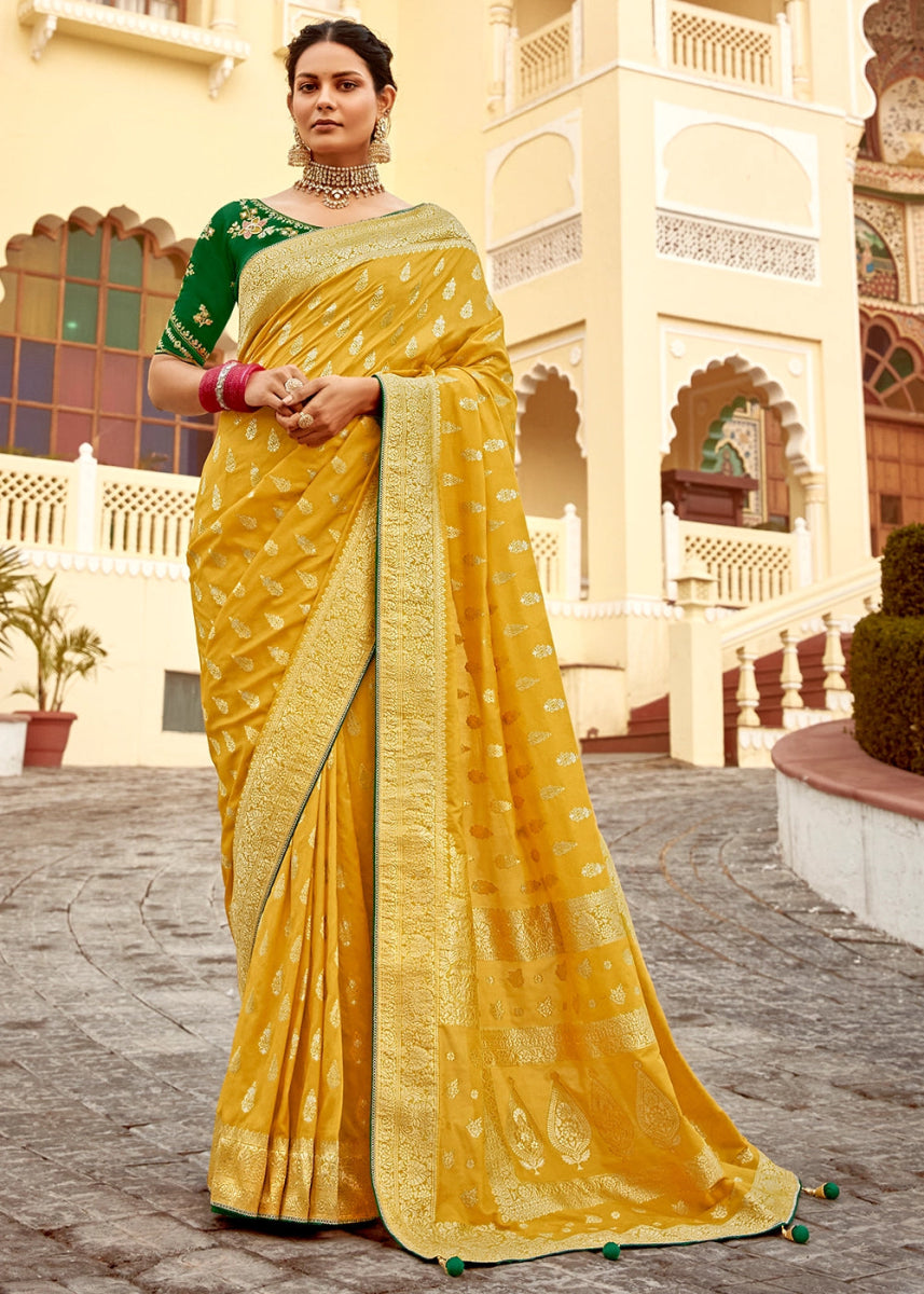 Honey Yellow Dola Silk Saree with Intricate Weaving & Embroidered Blouse - House of Sarvati LLC