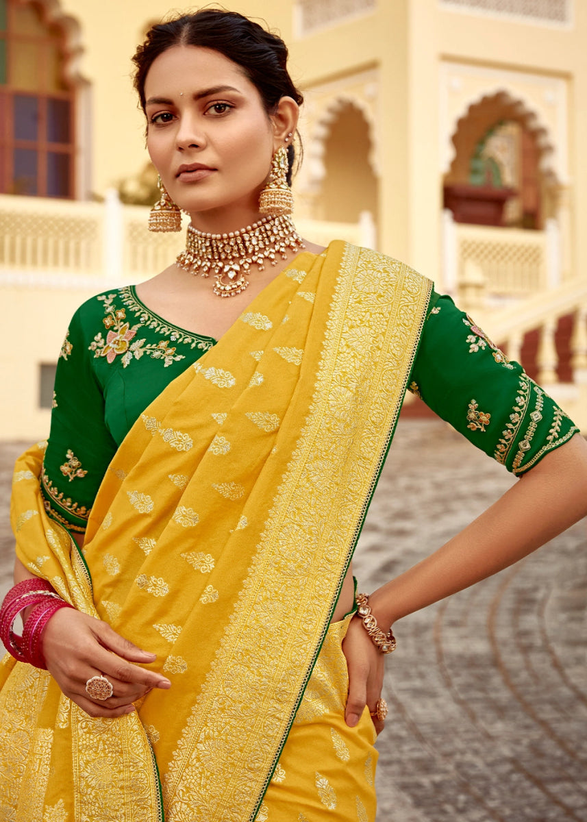Honey Yellow Dola Silk Saree with Intricate Weaving & Embroidered Blouse - House of Sarvati LLC