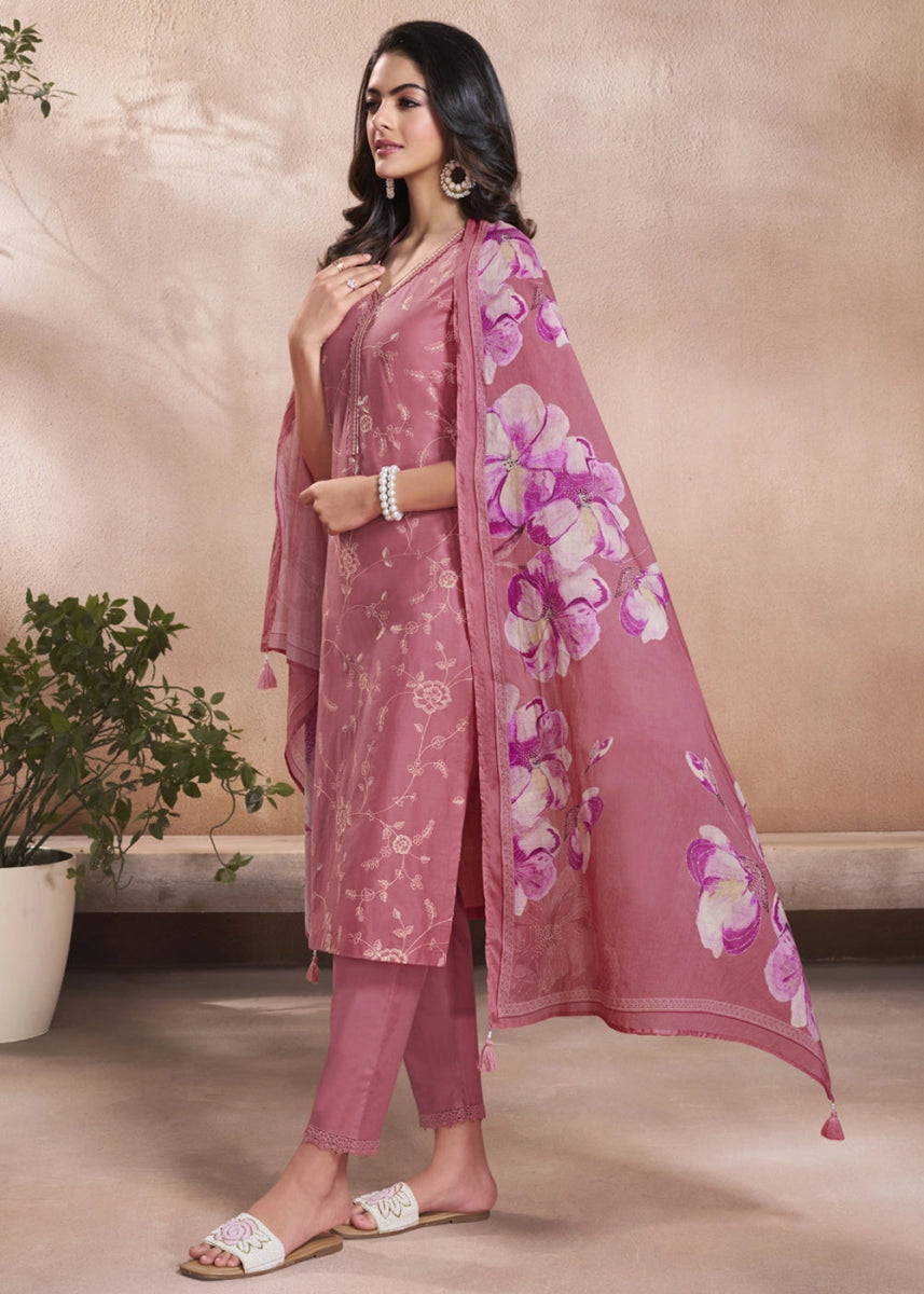 Hopbush Purple Cotton Suit with Beautiful Floral Threadwork - House of Sarvati LLC