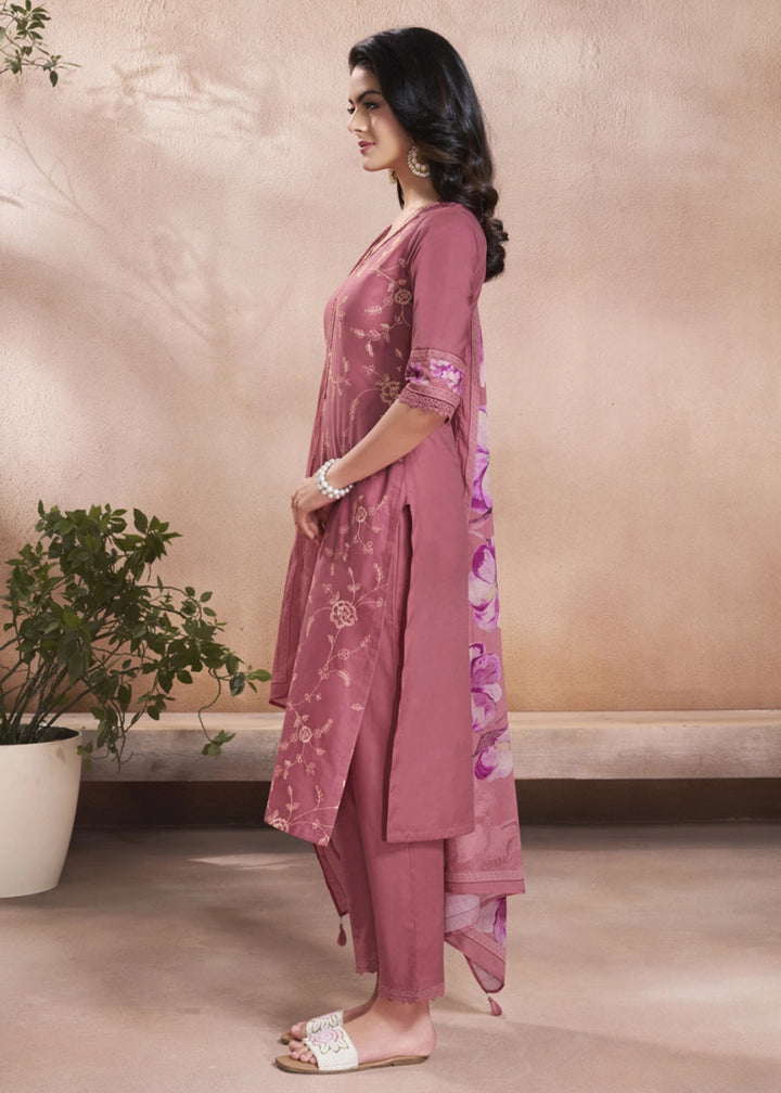 Hopbush Purple Cotton Suit with Beautiful Floral Threadwork - House of Sarvati LLC