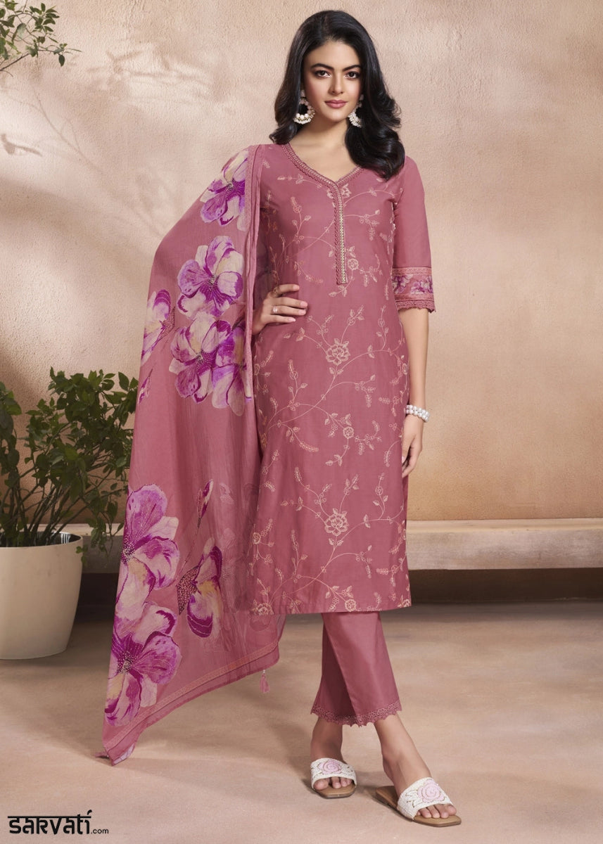 Hopbush Purple Cotton Suit with Beautiful Floral Threadwork - House of Sarvati LLC
