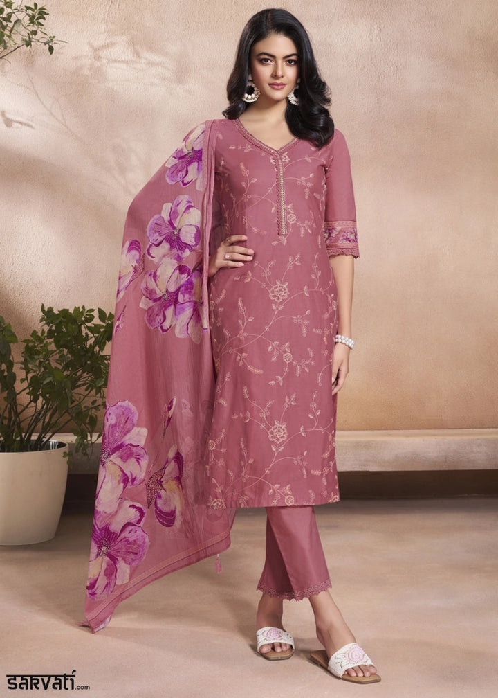 Hopbush Purple Cotton Suit with Beautiful Floral Threadwork - House of Sarvati LLC