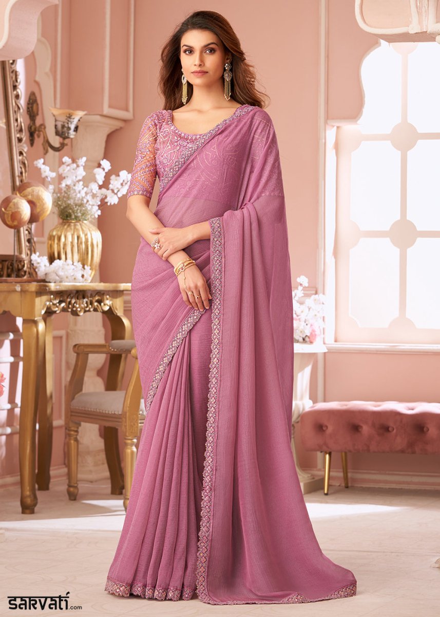 Hopbush Purple Embellished Georgette Saree with Designer Blouse - House of Sarvati LLC