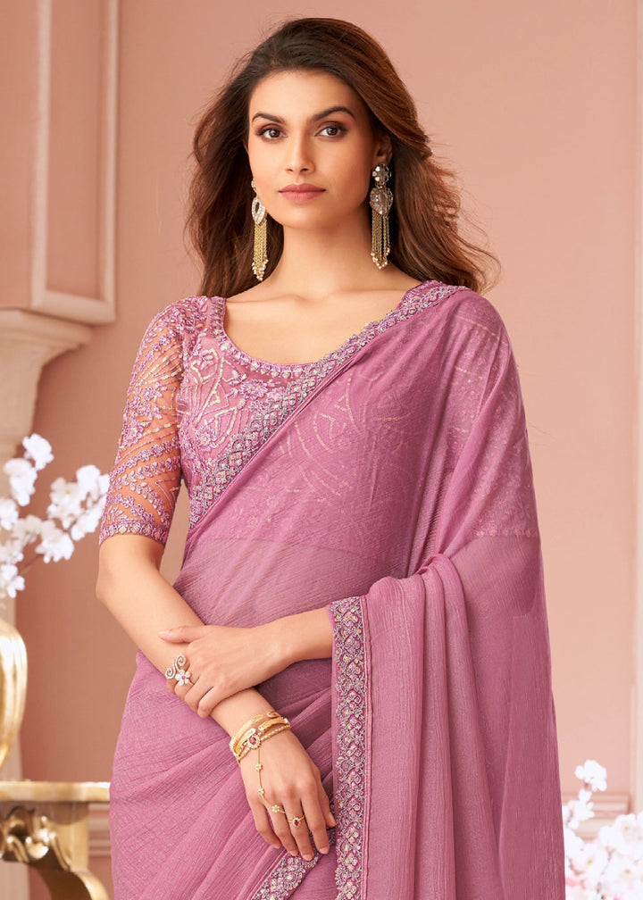 Hopbush Purple Embellished Georgette Saree with Designer Blouse - House of Sarvati LLC