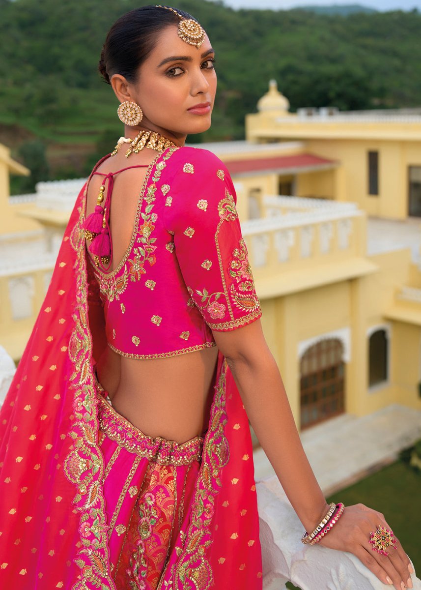 Hot Pink Banarasi Silk Lehenga with Heavy Khatli & Embroidery Work - House of Sarvati LLC