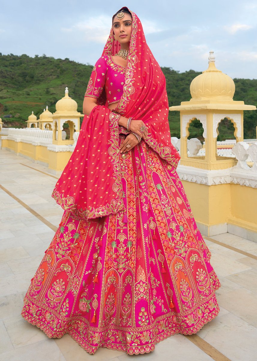 Hot Pink Banarasi Silk Lehenga with Heavy Khatli & Embroidery Work - House of Sarvati LLC