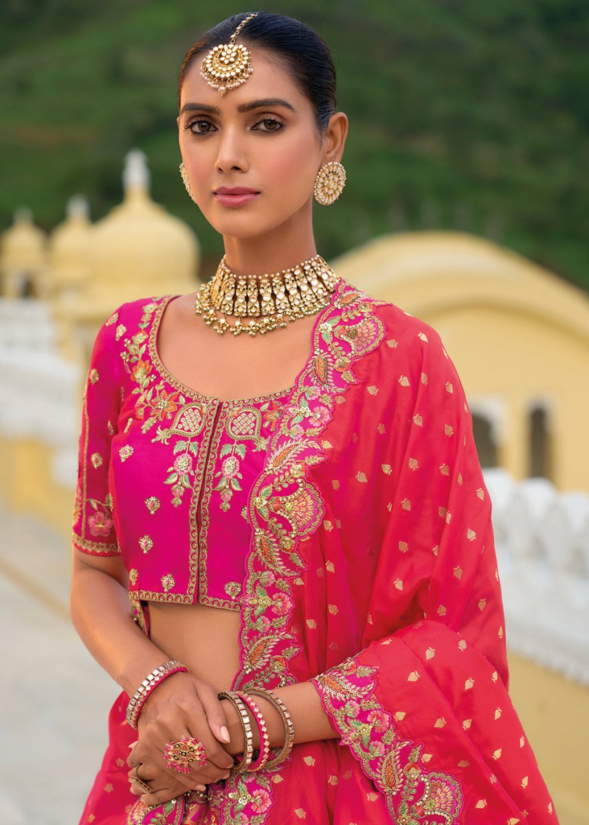 Hot Pink Banarasi Silk Lehenga with Heavy Khatli & Embroidery Work - House of Sarvati LLC