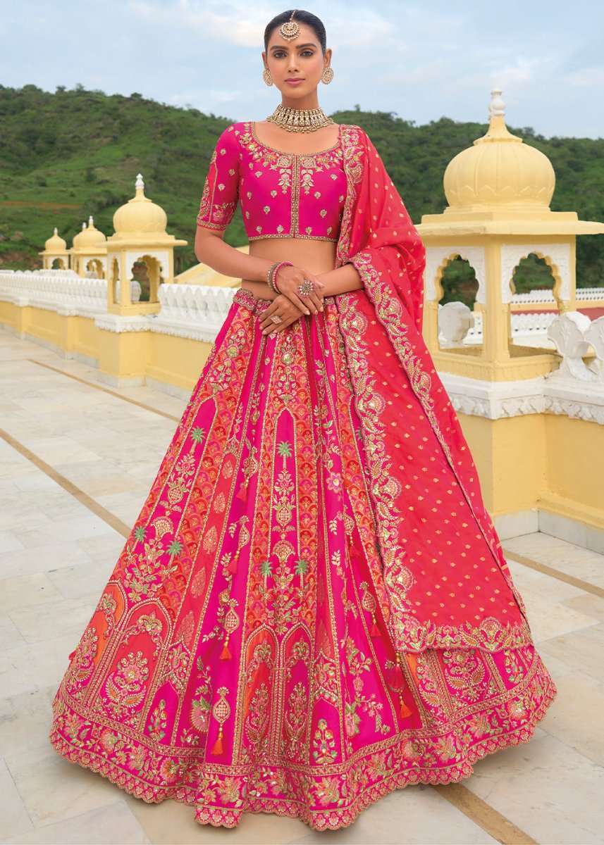 Hot Pink Banarasi Silk Lehenga with Heavy Khatli & Embroidery Work - House of Sarvati LLC